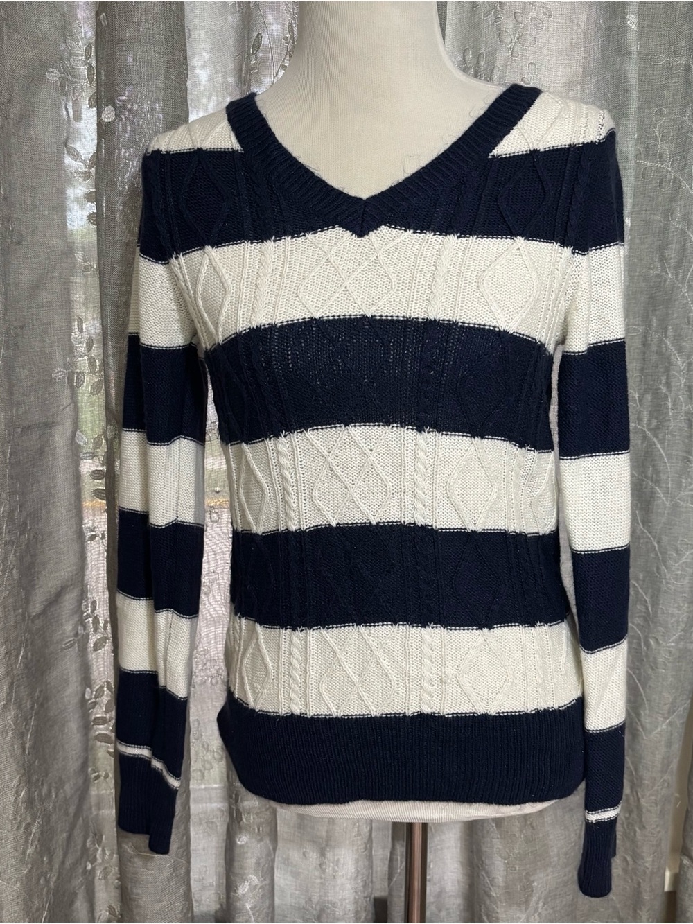 SO Navy and White Striped V-Neck Cable Knit Sweater
